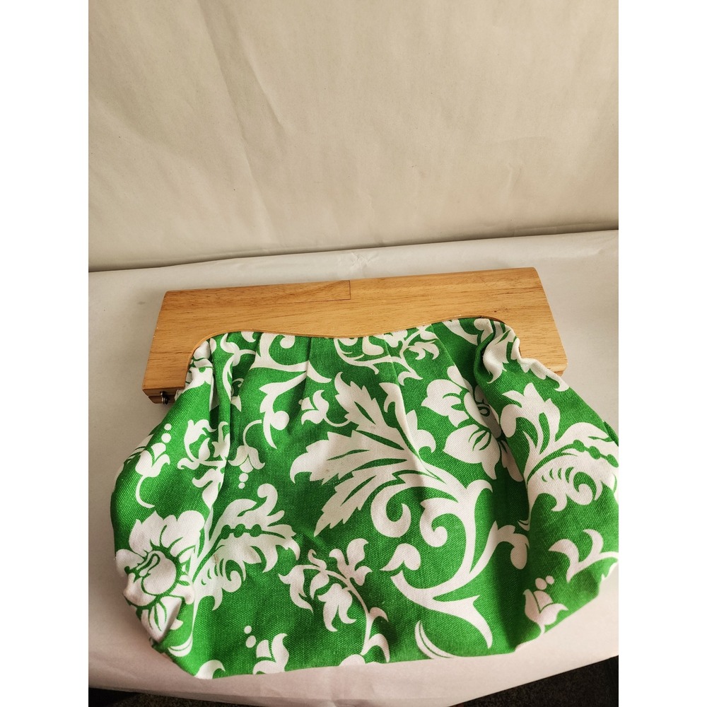 Old Navy Vintage 2008 Green White Floral Damask Canvas Wood Frame Clutch Bag